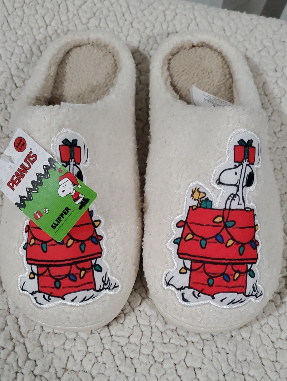 Peanuts Cream Plush Snoopy Holiday Slippers with Red Doghouse Appliqué